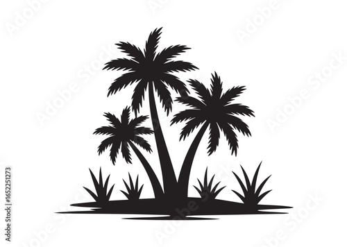 Shows a desert oasis with palm trees and grass growing Vector illustration