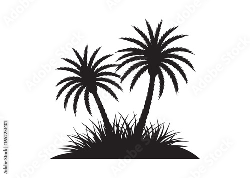 Shows a desert oasis with palm trees and grass growing Vector illustration