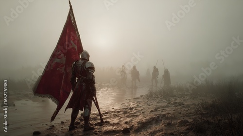 In This Evocative Image a Knight Holding a Flag Stands
