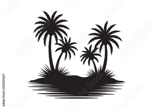 Shows a desert oasis with palm trees and grass growing Vector illustration