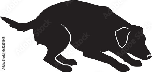 Black silhouette of a dog in hunting or stalking pose vector graphic for designs and illustrations featuring active canine companions