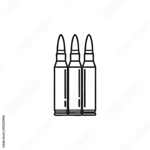 Three Cartridge Ammunition Rounds in a Row Isolated on White Background Vector Graphic Illustration Minimalist Outline Style Design Element for Security and Military