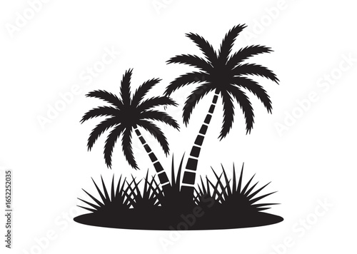 Shows a desert oasis with palm trees and grass growing Vector illustration