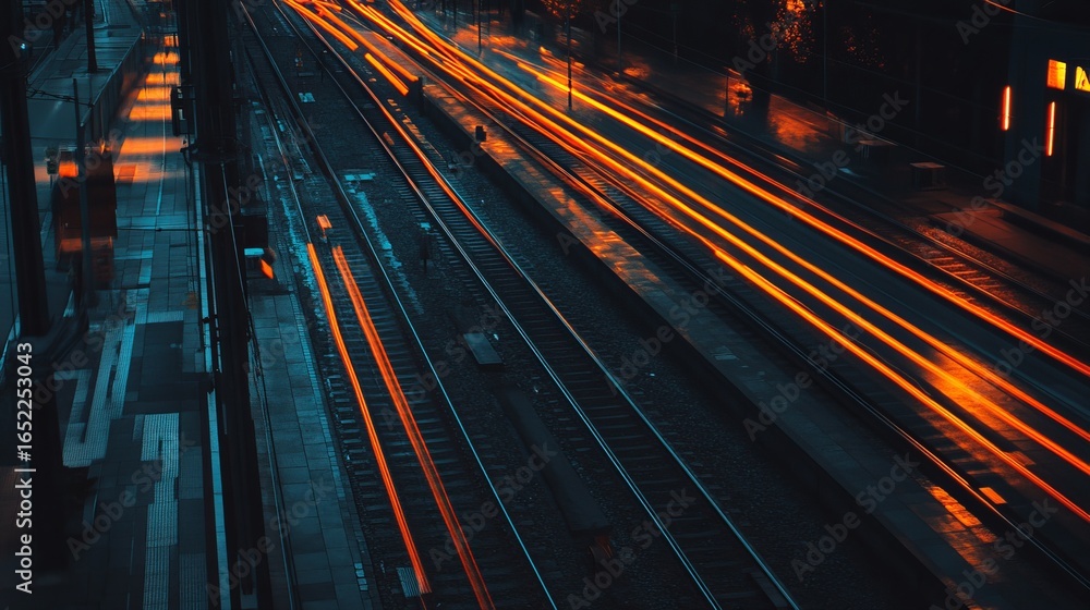 Obraz premium Night train tracks with streaks of light