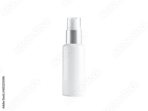 White cosmetic spray bottle with silver cap, perfect for beauty and personal care liquids packaging.