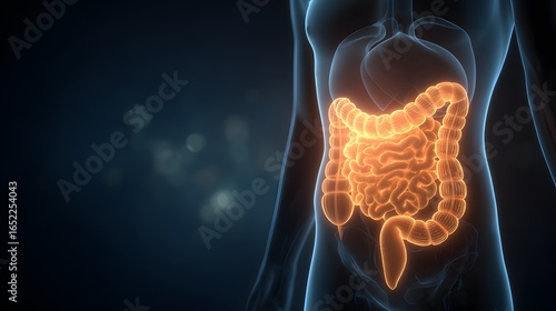 Detailed anatomical illustration of the human digestive system.