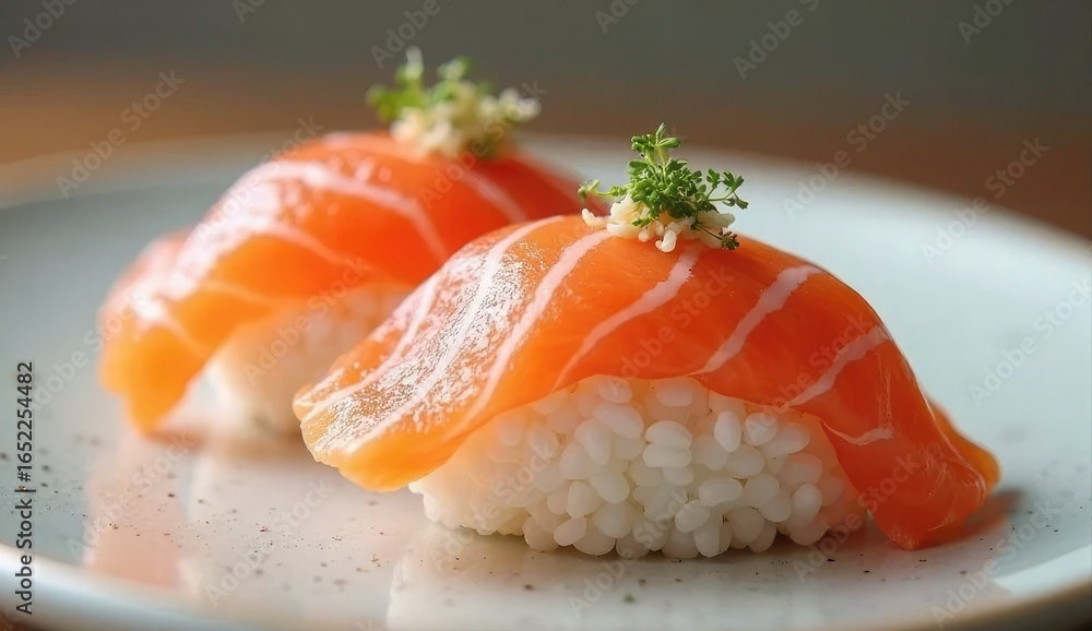 Close up of two pieces of salmon nigiri sushi on a white plate with small green garnish on top Close up of two pieces of salmon nigiri sushi on a white plate with small green garnish on top