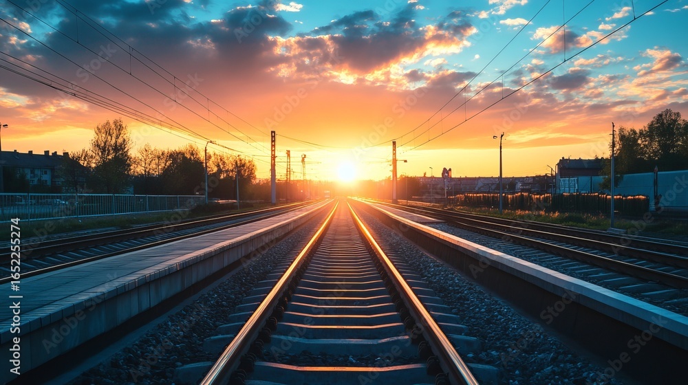 Obraz premium Railroad tracks stretching into a vibrant sunset (1)