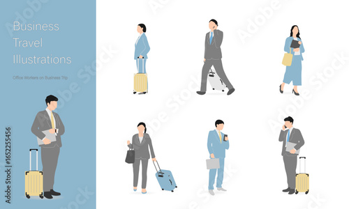ビジネス出張イラストセット/Business Trip Illustrations – Office Workers in Light Blue & Gray