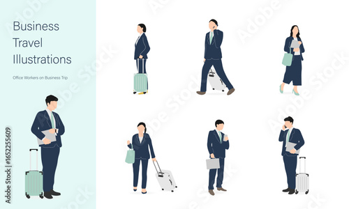 ビジネス出張イラストセット/Business Trip Illustrations – Office Workers in Navy Suit