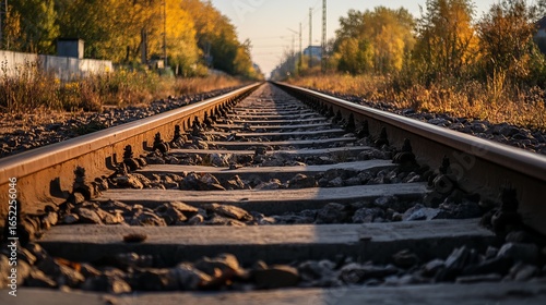 Railroad tracks stretching into the distance on a sunny autumn day