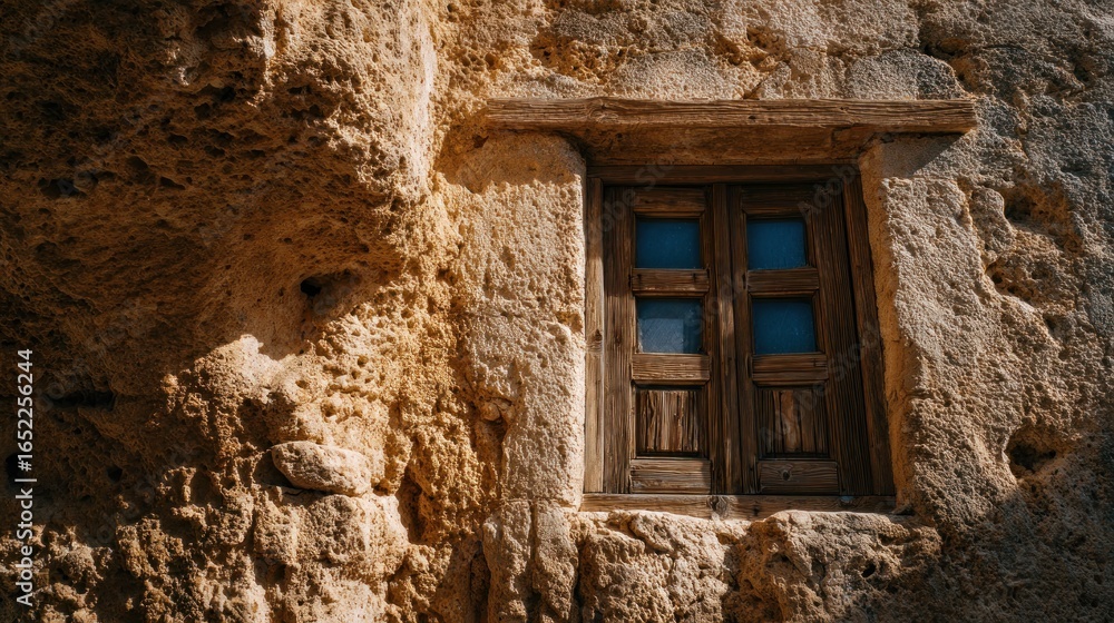 Fototapeta premium Ancient Stone Wall with Rustic Wooden Window