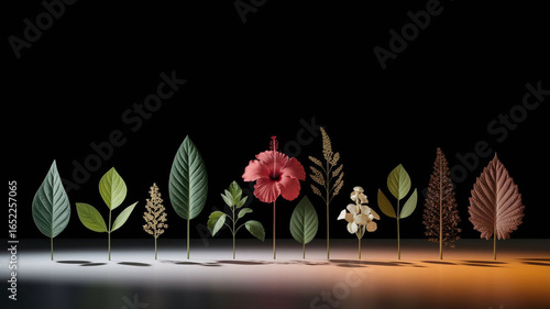 A beautiful collection of various types of leaves and flowers, all arranged on a solid black background