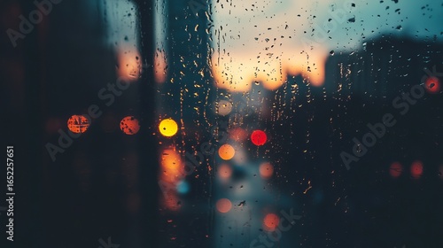 Rain-streaked city view through a window at dusk