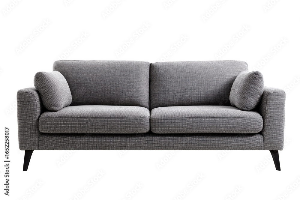Fototapeta premium Modern grey fabric sofa with two cushions and tapered legs isolated on a transparent background couch