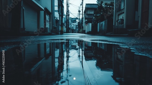 Rainy alleyway reflection in a puddle