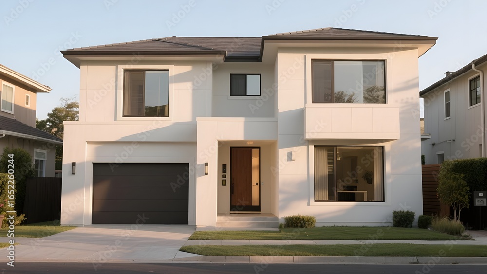 Fototapeta premium Modern Two-Story House Exterior with White Walls and Gray Roof
