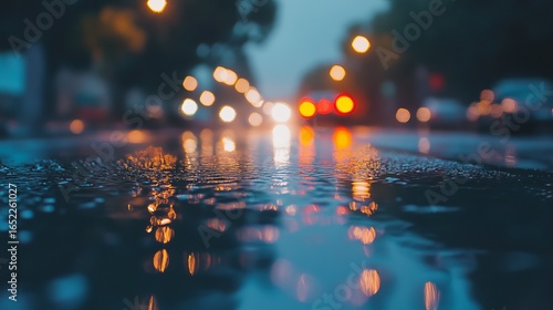 Rainy city street at night, blurred lights reflecting in puddles