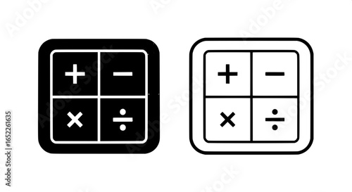 A versatile vector icon set of calculator symbols, featuring basic arithmetic operations in both solid glyph and outline styles for web and app design.
