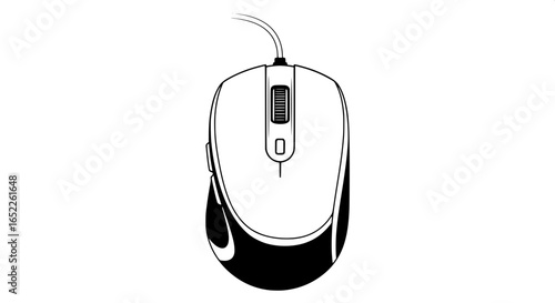 Clean black and white illustration of a wired computer mouse, an essential technological input device for modern computing, presented with simple lines for versatile use.