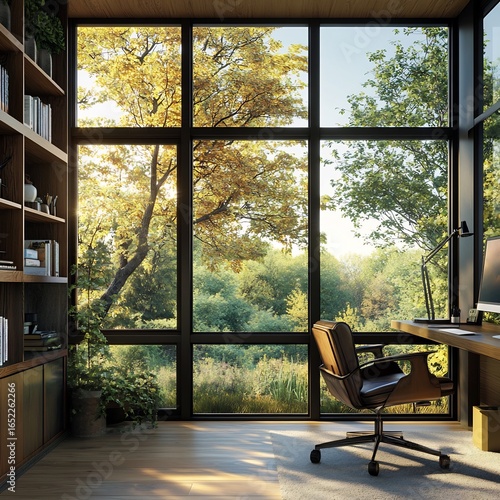 A home office with a view of nature Featuring