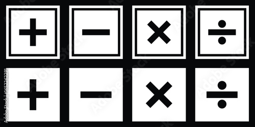 Four basic mathematical operation symbols plus minus multiply and divide. Plus, minus icon set. Calculator, math icon. EPS 10
