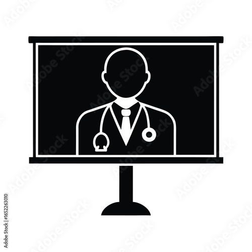 Vector art of black and icon of a doctor with a stethoscope a screen, isolated