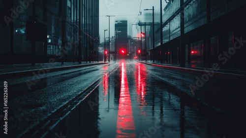 Rainy city street at night, reflections of red lights in puddles