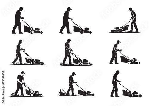 A gardener using a Lawn mower vector illustration Set