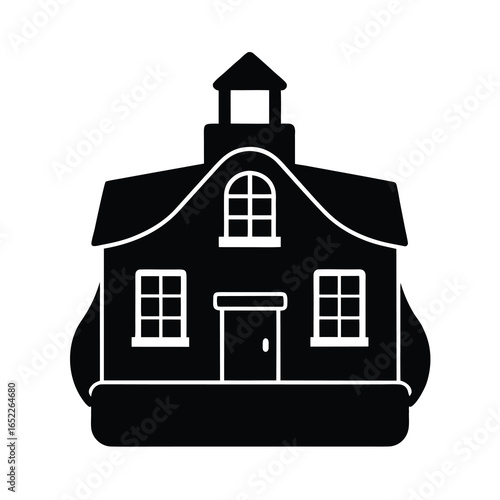 Vector art of stylized black and illustration of a charming house with a bell tower and arched windows, isolated a