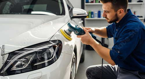 professional man polishing white car at detailing shop