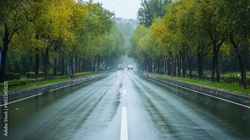 Rainy day city street lined with trees