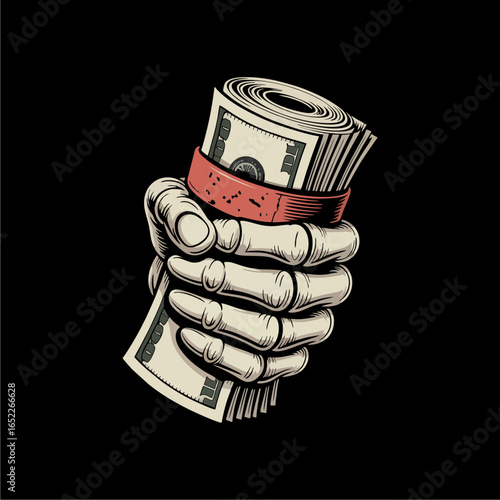 A skeletal hand tightly grips a thick roll of US dollar bills, secured by a red band, against a stark black background.