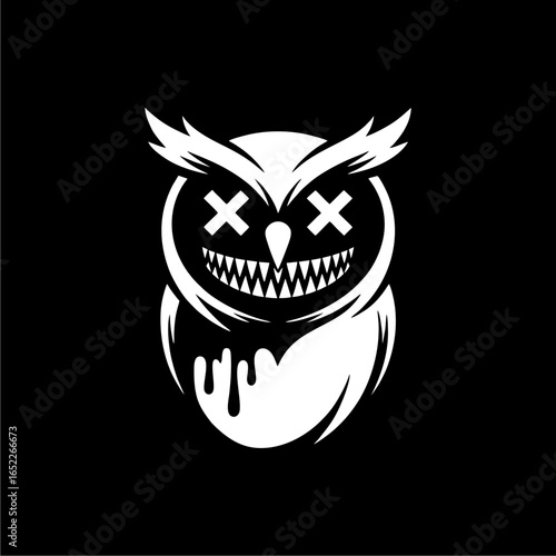 A stylized white owl with X-mark eyes and a sharp-toothed grin, featuring a dripping effect, set against a solid black background.