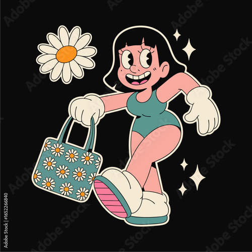 A cheerful retro cartoon girl in a swimsuit and big gloves walks happily with a daisy tote bag.