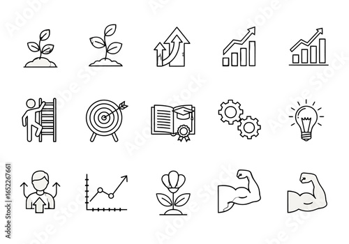 Line art icons representing business growth, personal development, success, learning, and strength concepts.