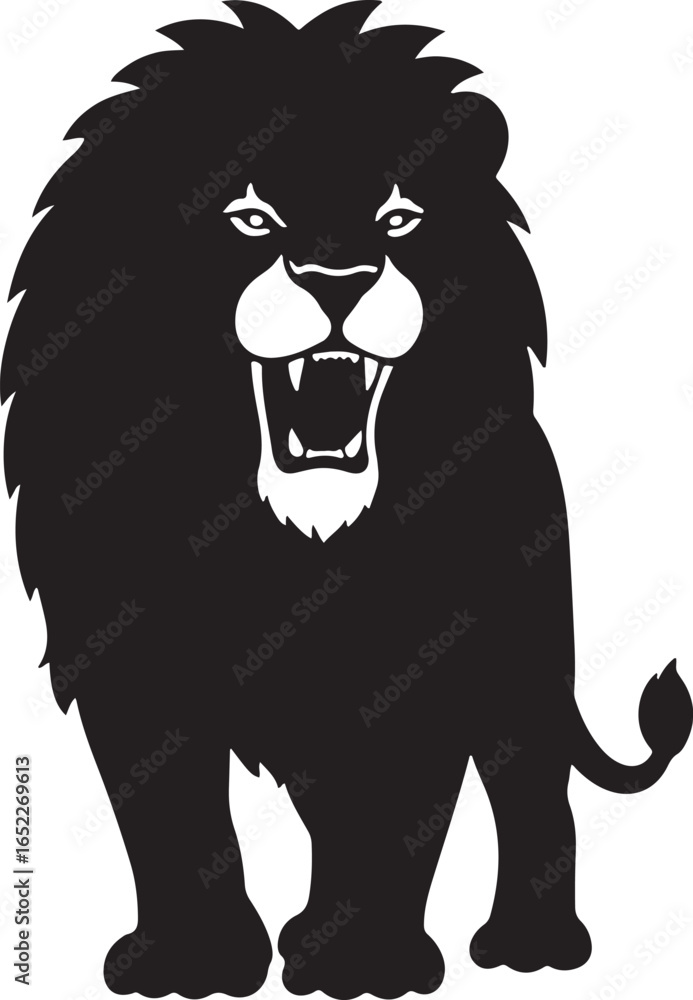 Obraz premium Powerful Lion Silhouette with Roaring Mouth and Sharp Teeth Vector Graphic for Design Projects