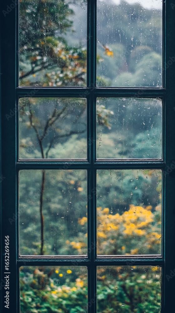 Fototapeta premium Rainy day view through a paneled window