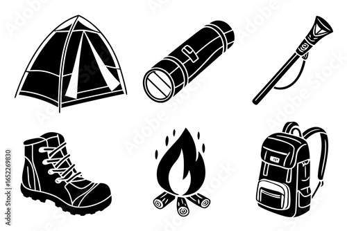 Outdoor adventure and camping gear silhouette icons collection.