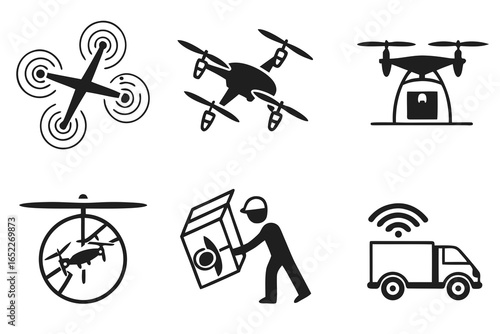 Set of black icons for drone delivery and logistics.