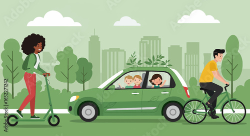 “People using eco-friendly transportation riding electric scooters, electric motorbike, electric car, and bicycle, flat vector illustration, modern green color palette.”