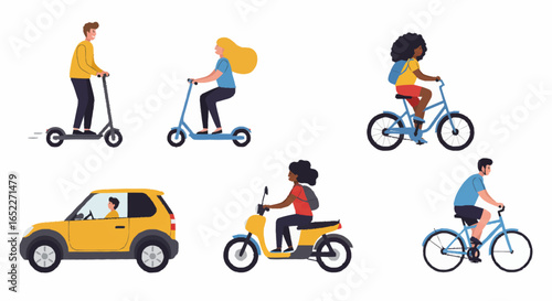 “Set of characters driving electric vehicles young man on e-scooter, couple on electric scooter, driver in electric car, cyclist on eco bike, minimal flat design.”