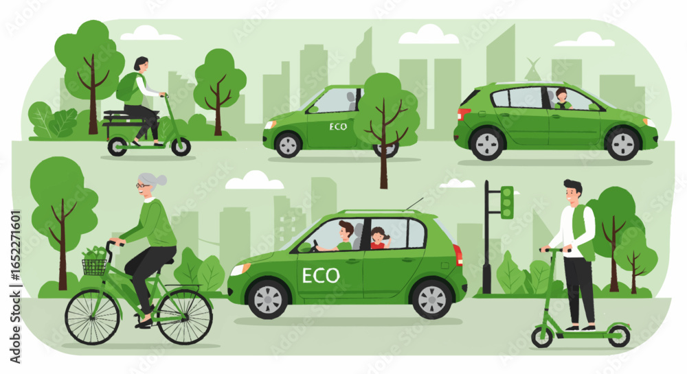 Εκτύπωση καμβά “Eco transportation concept illustration with people commuting by e-bike, electric car, electric scooter, promoting sustainable mobility, green tones, vector art