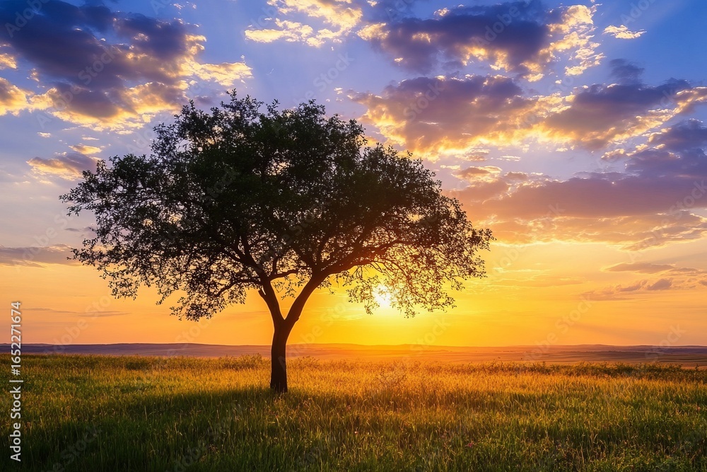 Fototapeta premium Silhouetted tree at golden sunset over a field