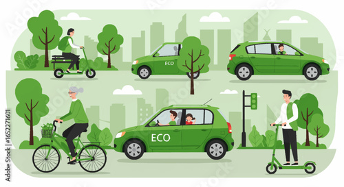 “Eco transportation concept illustration with people commuting by e-bike, electric car, electric scooter, promoting sustainable mobility, green tones, vector art.”