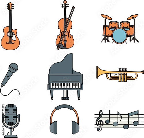 Flat lay illustration of various musical instruments including guitar, violin, drums, piano, trumpet, microphones and headphones against a clean white background, showcasing a diverse range