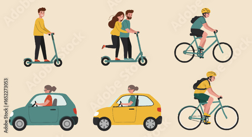 “Set of characters driving electric vehicles young man on e-scooter, couple on electric scooter, driver in electric car, cyclist on eco bike, minimal flat design.”