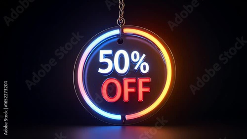 Dynamic neon sign flashes 50% OFF, creating excitement for a major sale event or promotion, urging customers to act now.