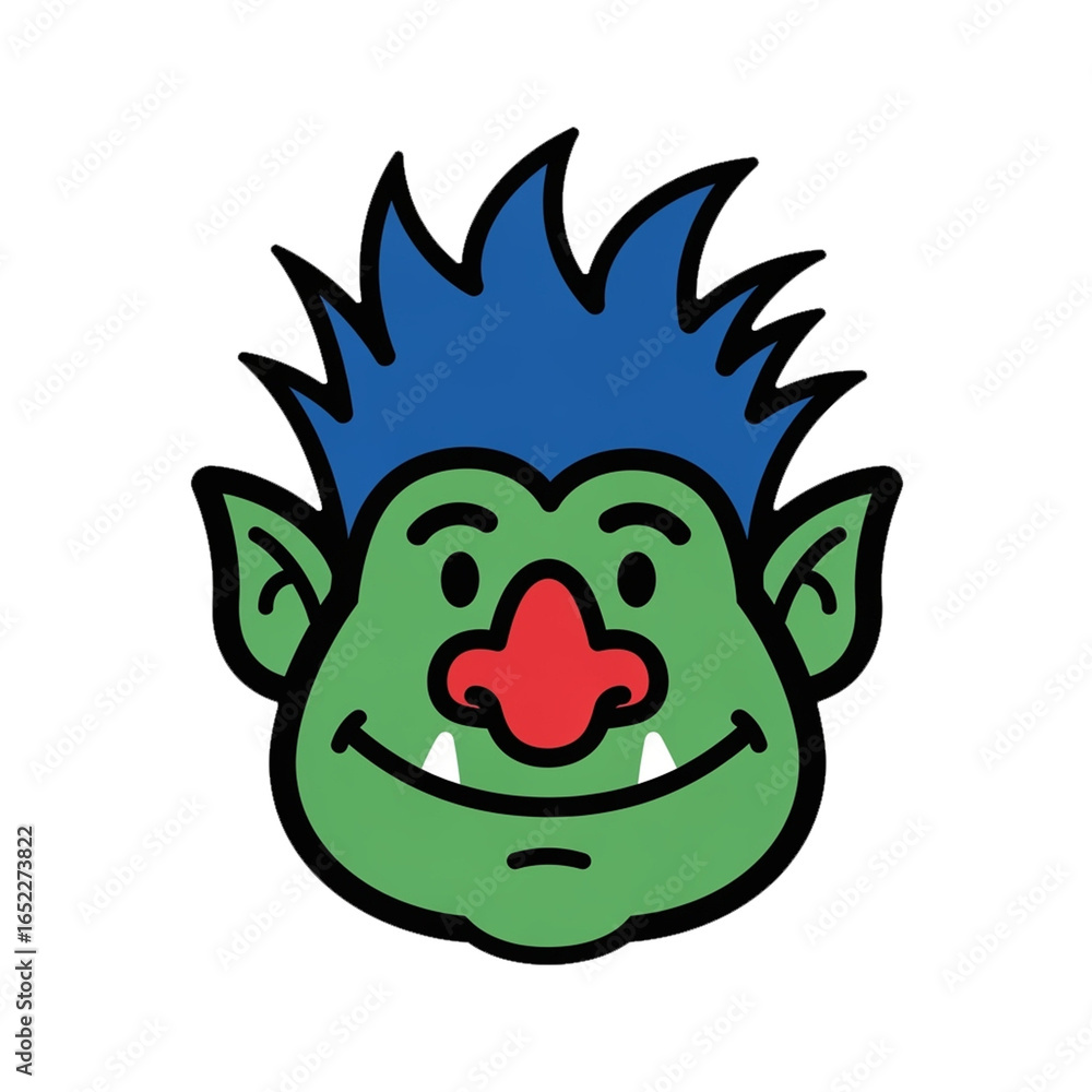 Fototapeta premium Cartoon Troll Face with Blue Hair and Red Nose on White Background