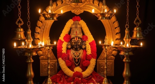Golden Altar with Divine Idol Lit by Oil Lamps and Flowers